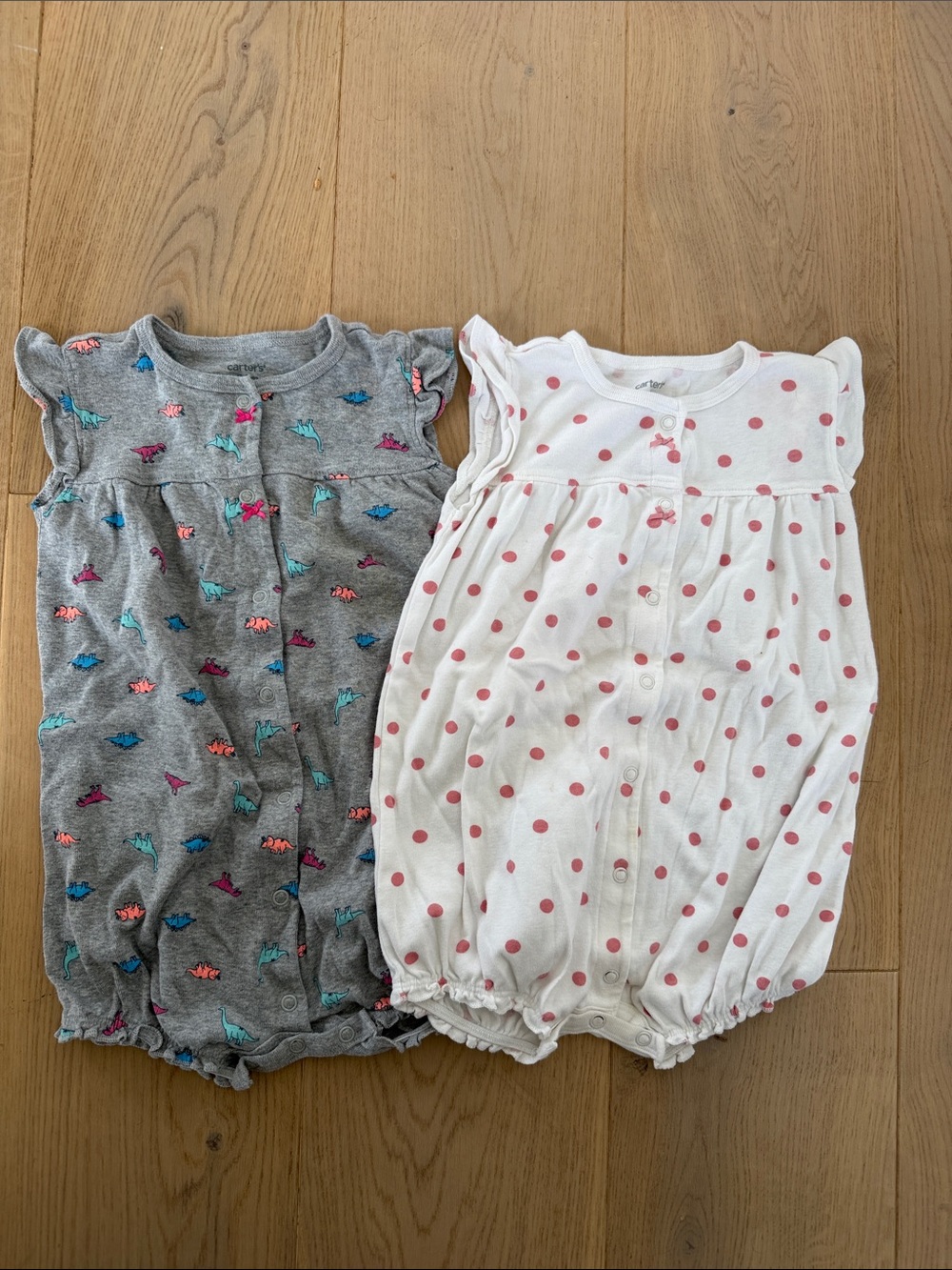 Baby Girl Short-Sleeve Rompers - Gray Dino & White Pink Dot